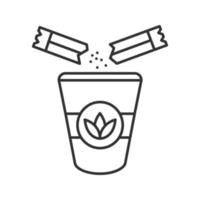 Adding sugar to tea linear icon. Thin line illustration. Disposable tea cup with sugar sachets. Contour symbol. Vector isolated outline illustration