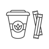 Tea to go with sugar sachets linear icon. Thin line illustration. Disposable tea cup with lid. Contour symbol. Vector isolated outline illustration