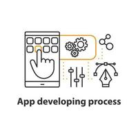 App development process concept icon. Product creation, testing and launching idea thin line illustration. Vector isolated outline drawing