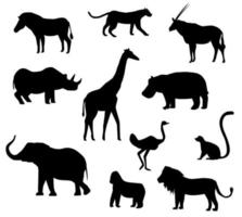 Conjunto de siluetas de animales africanos aislado sobre fondo blanco. vector