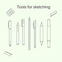 Set of tools for sketching. Marker, pencil, liner, white gel pen, highlighter, sharpener.Line art vector