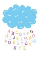 alfabeto en forma de nube con gotas de letras. cartel educativo para la habitación de los niños. cartel con el alfabeto en forma de nube vector