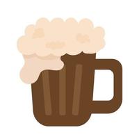 Foamy drink in a wooden mug in a flat style. Beer with foam in a mug. Vector illustration on a white background