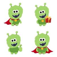 Fluffy green monster character in a raincoat in several poses. Set of illustrations with a cute green monster in a raincoat vector
