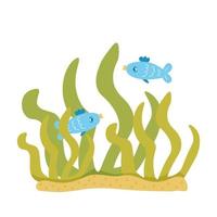 Two blue fish in algae on the bottom vector