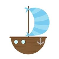 Small cartoon wooden ship with a blue sail and anchor vector