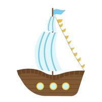 Cartoon ship with a blue sail and yellow flags vector