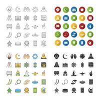 Islamic culture icons set. Muslim attributes. Religion symbolism. Linear, flat design, color and glyph styles. isolated vector illustrations