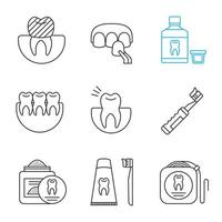 Dentistry linear icons set. Dental crown, veneer, mouthwash, healthy teeth, toothache, electric toothbrush, tooth powder, floss, dentifrice. Thin line contour symbols. Isolated vector illustrations