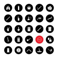 conjunto de iconos de glifo de fumar. cigarrillos, dispositivos para fumar, cultura del cannabis. ilustraciones de siluetas blancas vectoriales en círculos negros