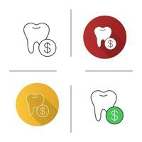 Dental services price icon. Flat design, linear and color styles. Dentistry. Tooth with dollar sign. Isolated vector illustrations