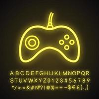 Gamepad neon light icon. Joystick. Glowing sign with alphabet, numbers and symbols. Vector isolated illustration