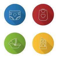 Childcare flat linear long shadow icons set. Baby diaper, bib, car seat, radio nanny. Vector outline illustration