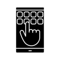 Smartphone touchscreen and keypad glyph icon. Silhouette symbol. Hand entering smartphone password. Typing message. Negative space. Vector isolated illustration