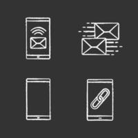 Smartphone apps chalk icons set. Incoming message, mailing, mobile phone, link sharing. Isolated vector chalkboard illustrations