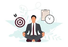 Self discipline or self control concept, achievement business target, time management concept, businessman meditate. Vector illustration