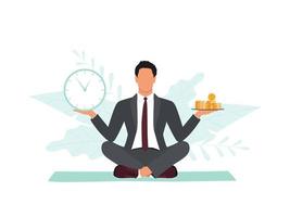 Self discipline and time management concept. Office man with clocks and money on the scales. Vector illustration