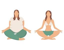 Two women in the lotus pose practicing yoga. Weightloss concept. Healthy lifestyle. Vector illustration