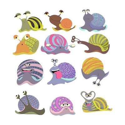 Cute colorful cartoon snail set. Isolated on white background.
