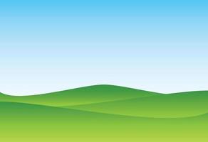 Green nature landscape and blue sky.Field and meadow.Hills and grass.Park or outdoor.Golf courses.Summer background.Garden or turf.Farm and countryside scenery.Cartoon vector illustration.Wallpaper.