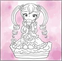 página para colorear princesa kawaii estilo lindo anime dibujos animados dibujo ilustración vector garabato