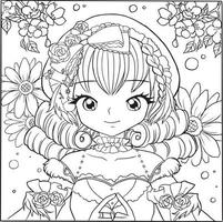 coloring page princess kawaii style cute anime cartoon drawing illustration vector doodle