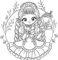 coloring page princess kawaii style cute anime cartoon drawing illustration vector doodle