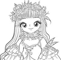 página para colorear princesa kawaii estilo lindo anime dibujos animados dibujo ilustración vector garabato