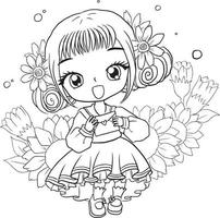 coloring page princess kawaii style cute anime cartoon drawing illustration vector doodle