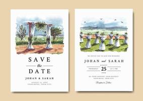 Watercolor wedding invitation of nature landscape with wedding gate view vector