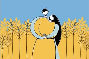 in a field of spikelets is a girl. the background represents the flag of Ukraine. vector