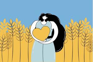 in a field of spikelets is a girl. the background represents the flag of Ukraine. vector