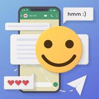 Social media concept. Marketing time. Realistic abstract 3d design. Cartoon style. In hand phone sends emoticons of emotions to friends. Mobile Template Social network. smile icon. vector