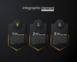 plantilla de vector 3d de infografía elegante de oro oscuro con pasos para el éxito. presentación con iconos de elementos de línea. el diseño de concepto de negocio se puede utilizar para diseño web, folleto, diagrama, gráfico o banner