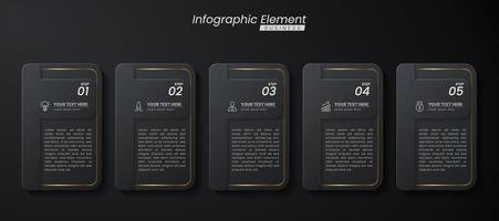 plantilla de vector 3d de infografía elegante de oro oscuro con pasos para el éxito. presentación con iconos de elementos de línea. el diseño de concepto de negocio se puede utilizar para diseño web, folleto, diagrama, gráfico o banner