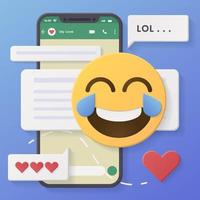 Social media concept. Marketing time. Realistic abstract 3d design. Cartoon style. In hand phone sends emoticons of emotions to friends. Mobile Template Social network. smile icon.