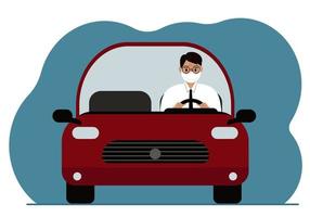 Male businessman in a medical mask driving a red car. Foreground. Vector flat illustration