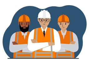 A team of smiling construction workers in white and orange hard hats and orange vests. Engineer and builders. Vector flat illustration