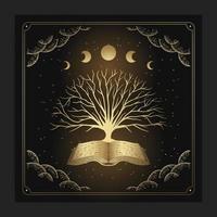 Ancient books and tree with engraving, hand drawn, luxury, esoteric, boho style, fit for paranormal, tarot reader, astrologer or tattoo vector