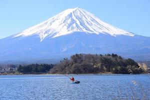 Scenery beautiful landscape of Fuji mountain and Kawaguchi lake in April. Japan.