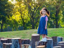 The girl standing on the stump arranged on the ground photo