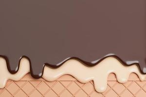 helado de chocolate y vainilla derretido sobre fondo de oblea, modelo 3d e ilustración. foto