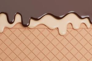 Chocolate and Vanilla Ice Cream Melted on Wafer Background.,3d model and illustration.