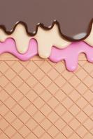 helado de chocolate y vainilla y fresa derretido sobre fondo de oblea, modelo 3d e ilustración. foto