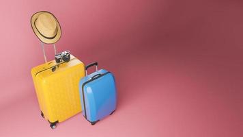 Yellow and blue suitcase with sun hat and glasses, camera on pastel background., travel concept.,3d illustration. photo