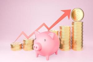 Piggy bank and golden coin stack and finance graph chart on pink background., Money saving and investment concept and saving ideas and financial growth.3d model and illustration. photo