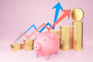 Piggy bank and golden coin stack and finance graph chart on pink background., Money saving and investment concept and saving ideas and financial growth.3d model and illustration. photo