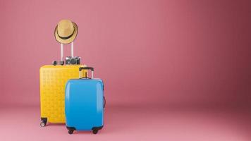 Yellow and blue suitcase with sun hat and glasses, camera on pastel background., travel concept.,3d illustration. photo