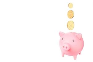 Pink piggy bank and many Golden coins tower on white background.3d model and illustration. photo