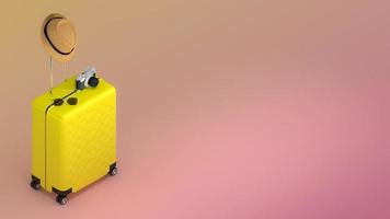 maleta amarilla con sombrero para el sol y gafas, cámara sobre fondo pastel, concepto de viaje, ilustración 3d. foto
